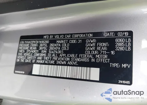 2019 Volvo Xc90 T6 Momentum z USA, uszkodzony, nr VIN YV4A22PK5K1496280